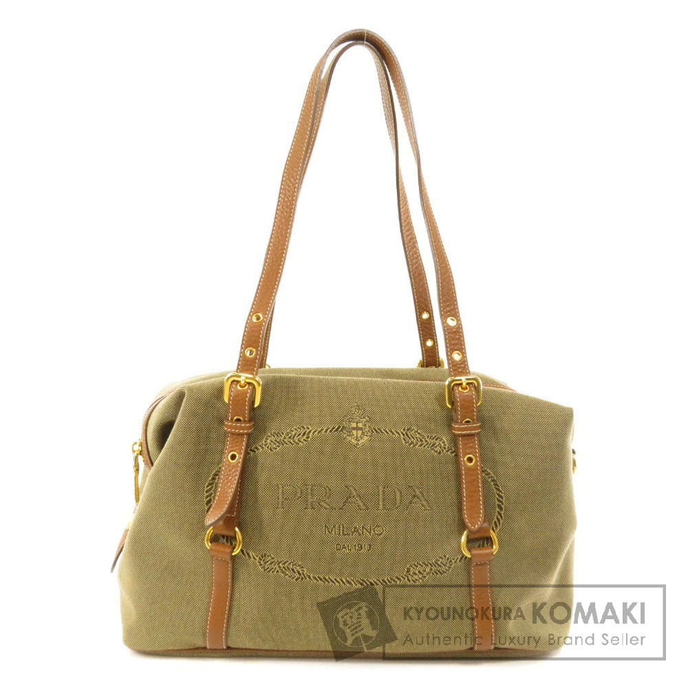 Prada Logo Jacquard Bauletto bag beige canvas body brandy leather trim
